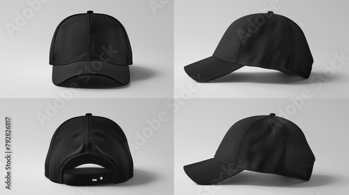The black baseball cap is shown from four different angles in this mockup.