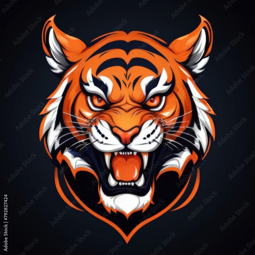 Tiger Mascot Logo Design with Black Striped Fur and Red Eyes, Showing an Aggressive Expression, Suitable for Esport Logos Tiger Mascot Logo Design with Black Striped Fur and Red Eyes, Showing an Aggressive Expression, Suitable for Esport Logos