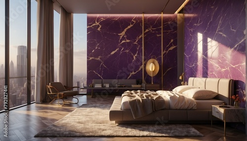 purple marble penthouse bedroom luxury unit and mornin theme penthouse bedroom luxury unit and morning sunlight rays from Generative AI photo