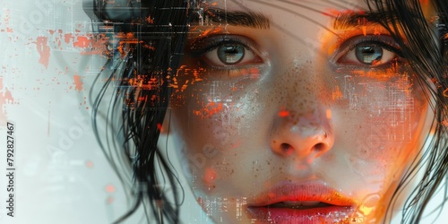 Futuristic cyber woman. toned image double exposure. Banner with space for text