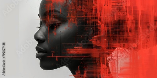 female face with abstract red and black background