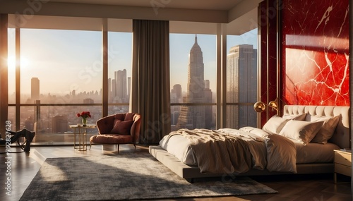 red marble penthouse bedroom luxury unit and morning s theme penthouse bedroom luxury unit and morning sunlight rays from Generative AI