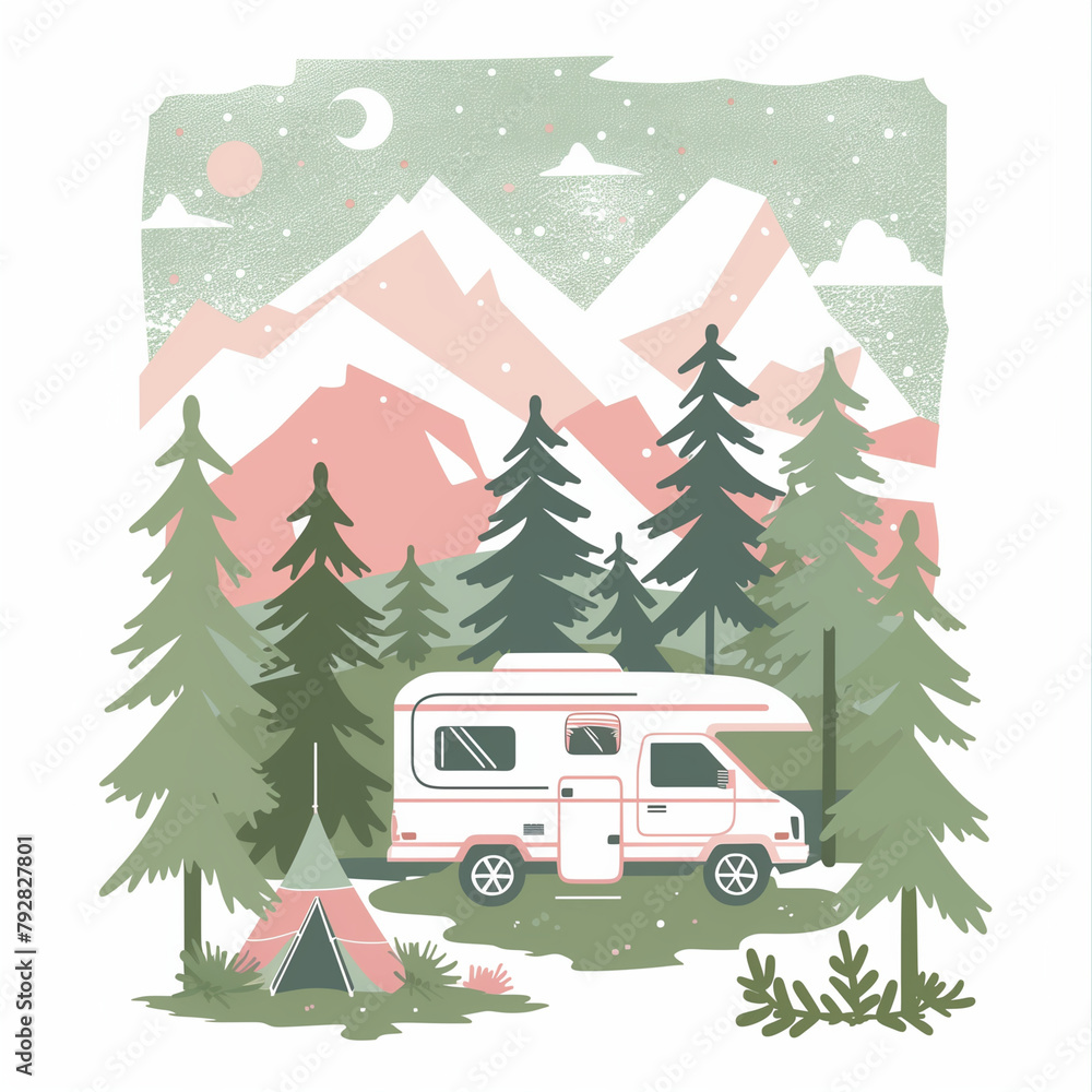 Vintage camper in the forest against the background of mountains