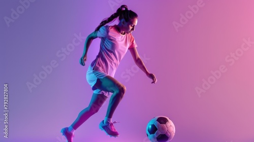 Young female soccer, female soccer player moving, practicing Dribbling.
