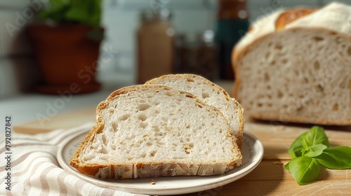 a slice of soft, sublime, fresh gluten-free bread on a plate, minimal decor, the sliced bread in the background