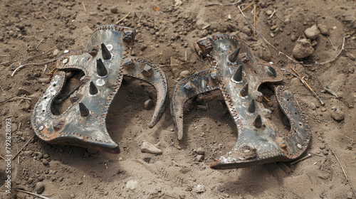 A set of spurs with jagged metal spikes instead of the usual rowels . photo
