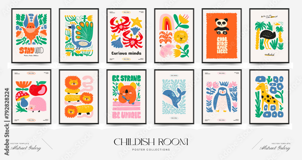 Fototapeta premium Abstract Childrens Room posters template. Modern trendy Kids minimal style. Hand drawn design for wallpaper, wall decor, print, postcard, cover, template, banner. 
