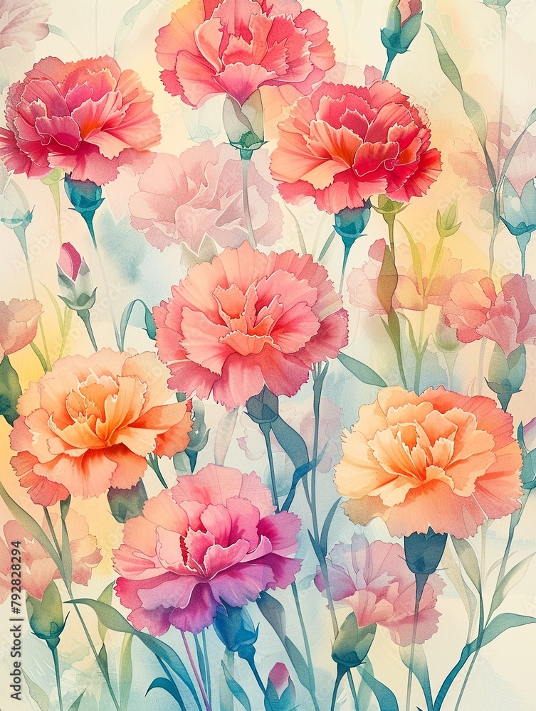Lively wallpaper with a watercolor portrait of carnations, handpainted in bright colors that celebrate the flowers rich and varied hues