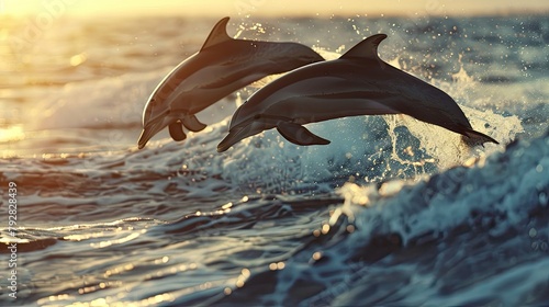 Illuminate the marine spectacle of two dolphins dancing through the daylight waves. © lara