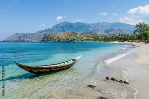 East Exotic Paradise: Tropical Coastline and Beach in Dili with Boats along Eastern Shoreline photo