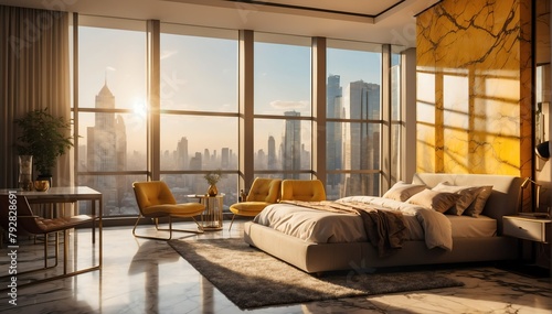 yellow marble penthouse bedroom luxury unit and mornin theme penthouse bedroom luxury unit and morning sunlight rays from Generative AI photo