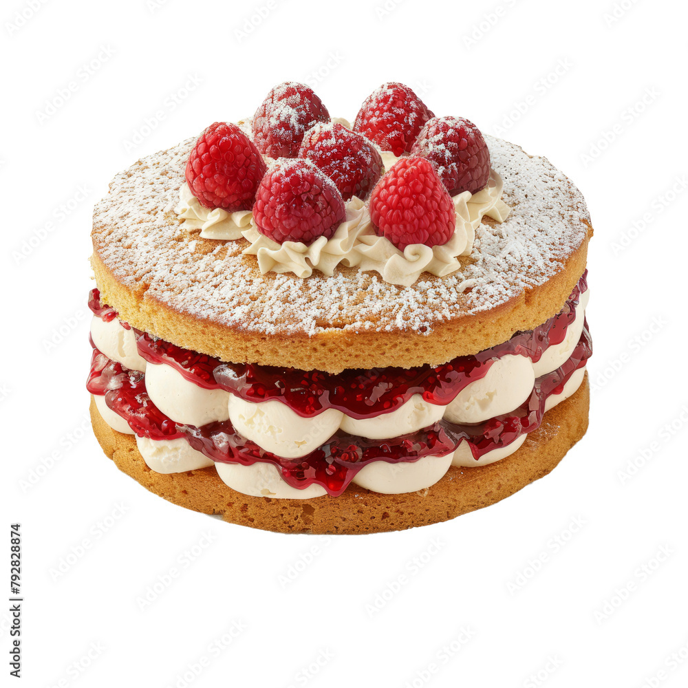 Victoria sponge cake layered with jam and cream displayed on a white dish Victoria sponge cake layered with jam and cream displayed on a white dish