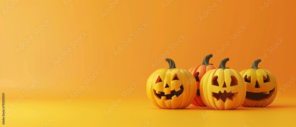 3D rendering of Happy Halloween pumpkins on a yellow background.