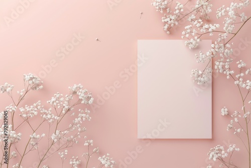 Feminine Stationery Mock-Up: Romantic Wedding Invitation Card on Soft Pink Background with White Flowers © Popelniushka