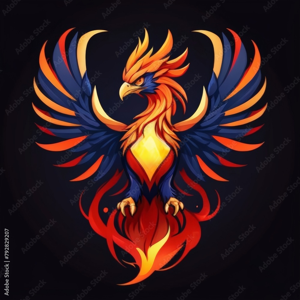 Fototapeta premium Logo Mascot of a Phoenix Bird Against a Black Background, with Light Navy Fire and Red Eyes, Suitable for an Aggressive E-sport Team