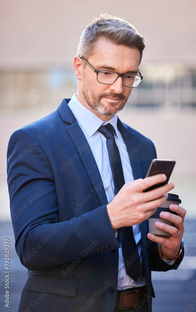 Smart, businessman and cellphone with coffee in city as property manager for company in Berlin. Male person, professional and technology for connection, communication and app in Germany in suit Smart, businessman and cellphone with coffee in city as property manager for company in Berlin. Male person, professional and technology for connection, communication and app in Germany in suit