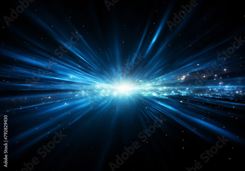 Powerful explosion of light particles on dark background. Science concept