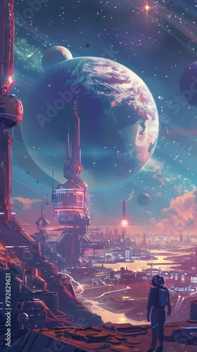 Wanderer Exploring an Alternate Cosmic Dimension with Retro-Futuristic Cityscapes and Celestial Phenomena
