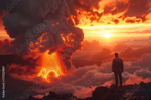 An awe-inspiring scene of a man witnessing a massive volcanic explosion during a surreal sunset photo