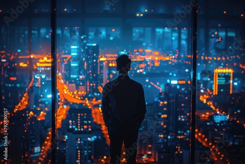 A young CEO overlooking a cityscape from a skyscraper, envisioning the future impact of their technology startup