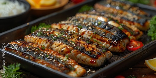 Grilled salmon fish with various vegetables on pan on the flaming grill