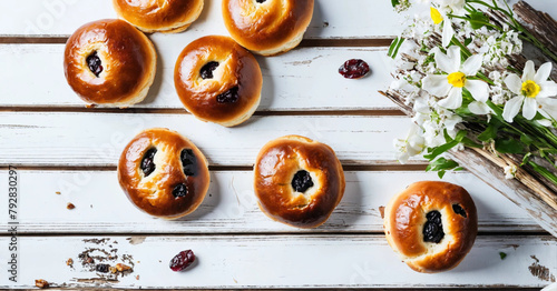 Round butter buns with raisins, a bunch of white flowers on a white wood plank background