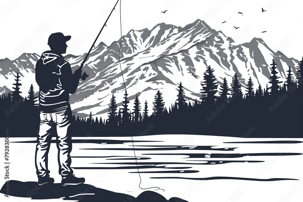 Naklejka premium A man is fishing in a lake with mountains in the background