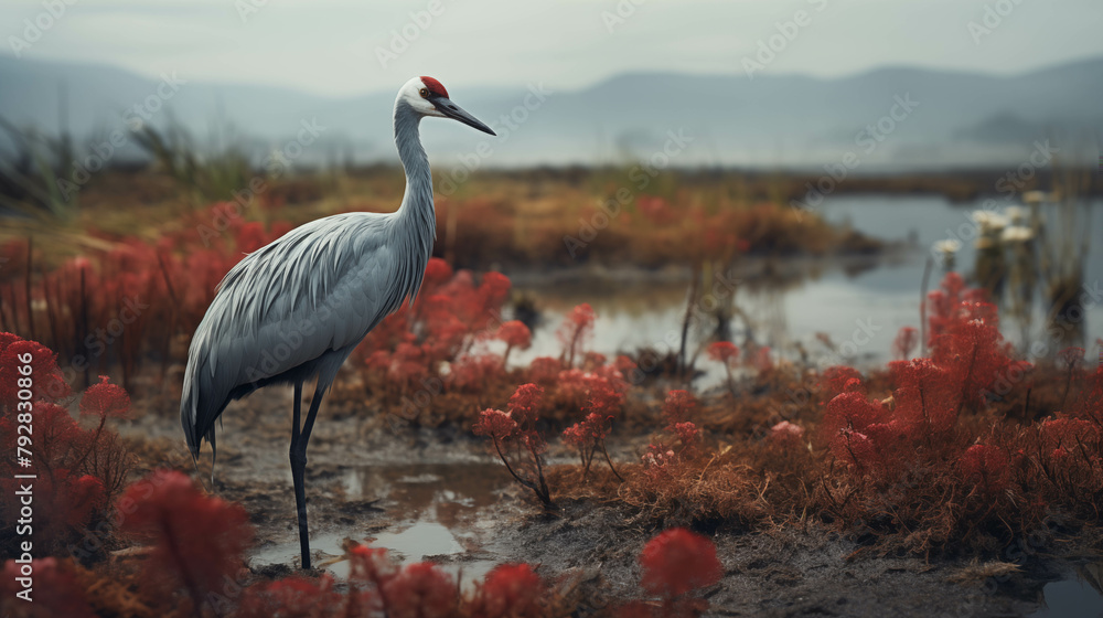 Fototapeta premium A crane walking in search of food in a pond that is not deep in nature.