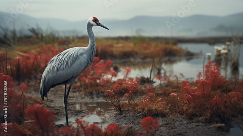 A crane walking in search of food in a pond that is not deep in nature.