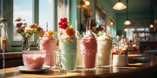 Milk bar with milk-based drinks like matcha lattes and flavored milkshakes.