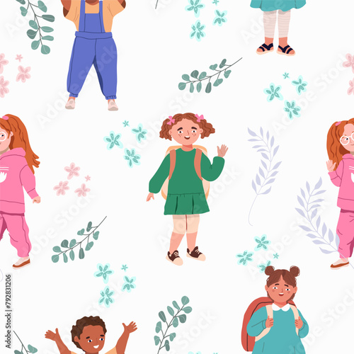 Background  round with a group of happy children. Cute diverse cheerful children celebrating  waving  greeting. Joyful excited kindergarten friends  little girls and boys. Flat  vector.