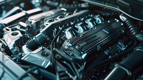 Powerful Car Engine Close-Up, Highlighting Advanced Automotive Technology and Engineering Precision