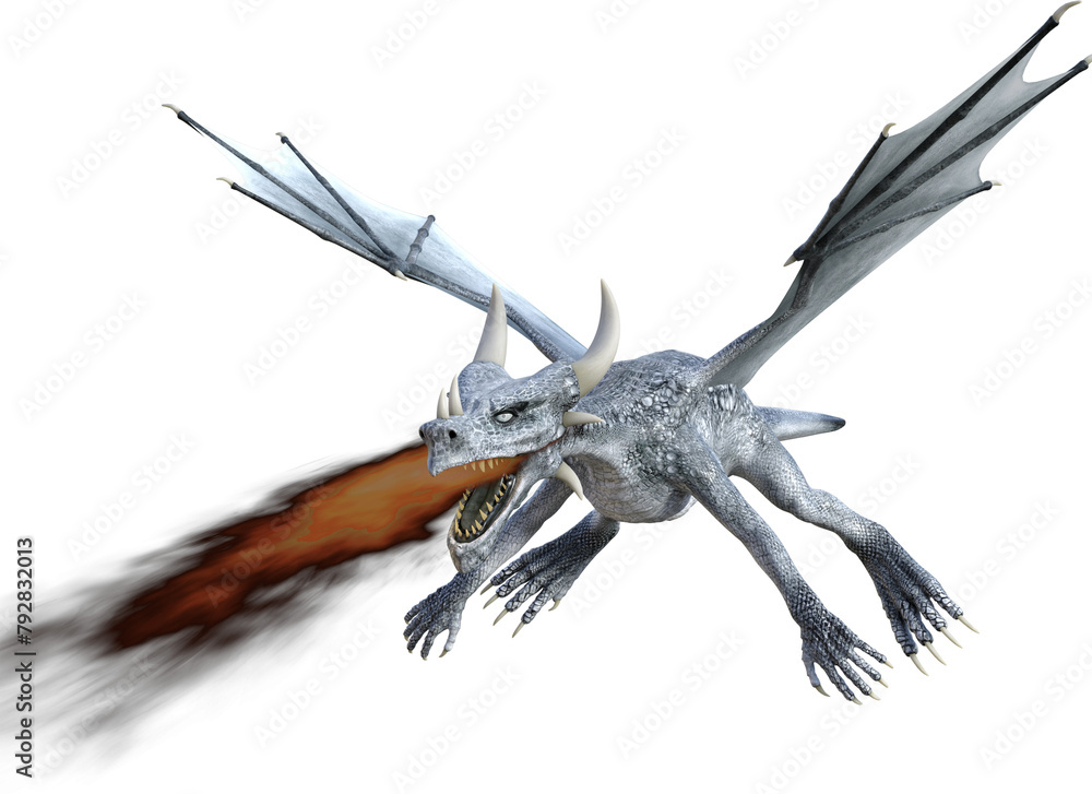 Fototapeta premium Silver fire breathing dragon in flight illustration