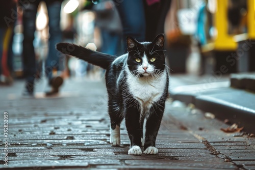 A black and white cat walking down a city street, A tuxedo cat being nice walking on street photo