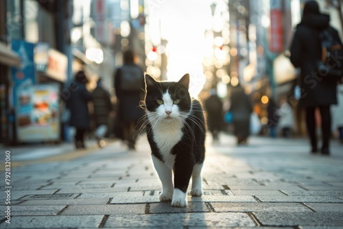 A black and white cat walking down a city street, A tuxedo cat being nice walking on street photo