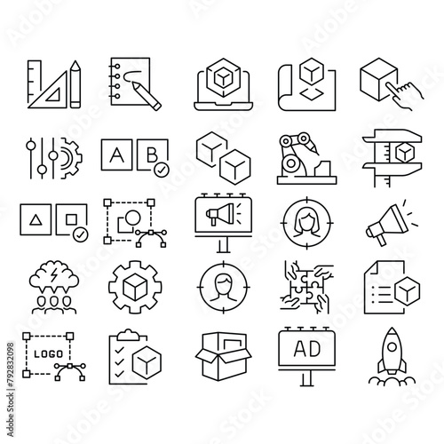 New product development icon set. Simple outline style. Product design, industry, team, accuracy, focus, billboard, business concept. Thin line symbol. Vector illustration isolated.