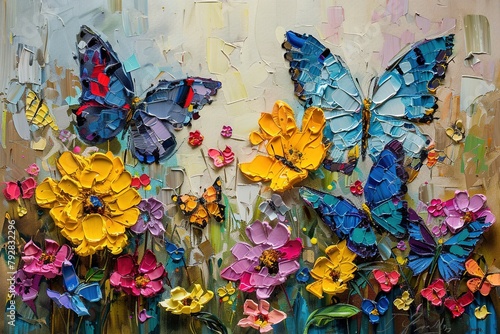 Fantasy Garden  Vibrant Butterflies and Yellow Flowers Oil Painting