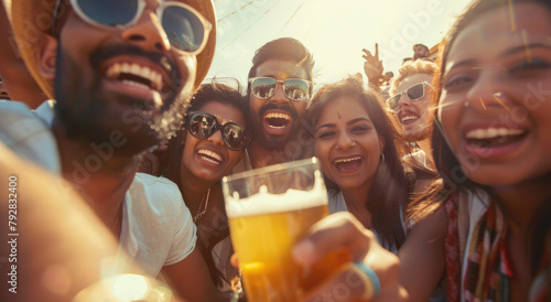 A group of friends, men and women aged between their late 20s to early thirties, were having fun at an outdoor party in the afternoon sun