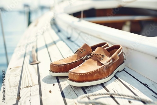 Men's Brown Leather Boat Shoes on White Wooden Board. Perfect Sailing or Casual Attire for Boat Activities and Cruises photo