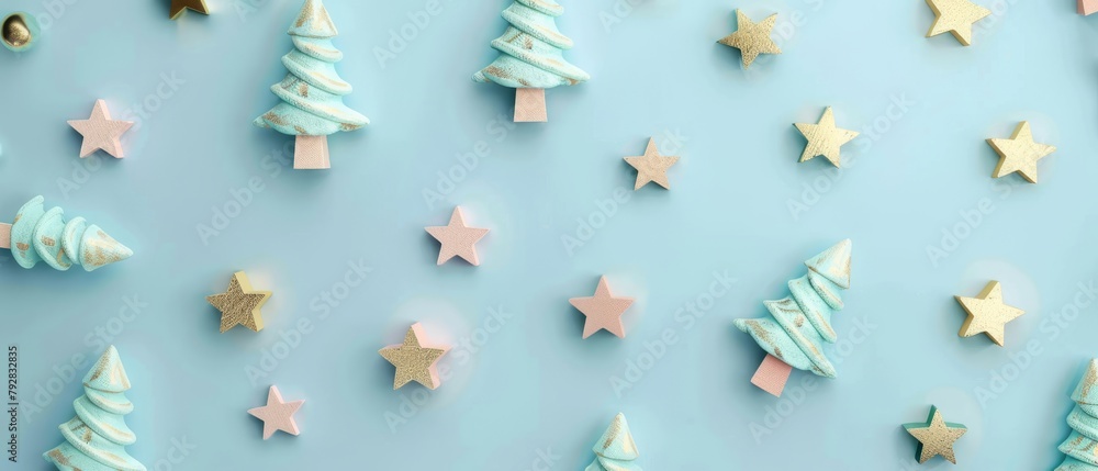 Christmas tree pattern flatlay on blue pastel background. 3D rendering. Christmas tree pattern flatlay on blue pastel background. 3D rendering.