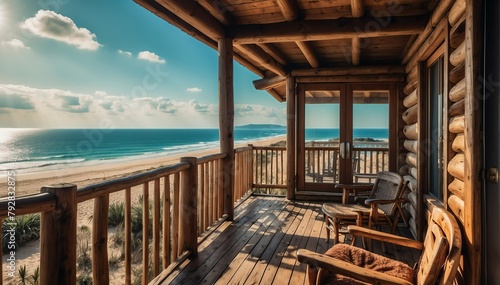 log cabin theme private luxury balcony with view of the beach from Generative AI © SevenThreeSky