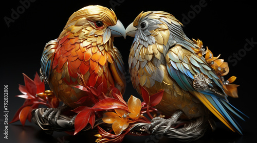 Two Love Birds Close to Each Other and Their Beaks Form a Heart Glass Sculpture on Blurry Background photo