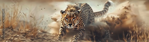 Capture the intricate details of a cheetah sprinting across the savannah from a birds-eye view using robotic technology Show the mesmerizing fusion of speed and grace with photorealistic precision photo