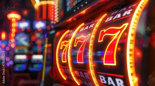 Neon Frame Slot Machine Coins Concept. Retro Night Club Gaming Success with Jackpot 777 Win