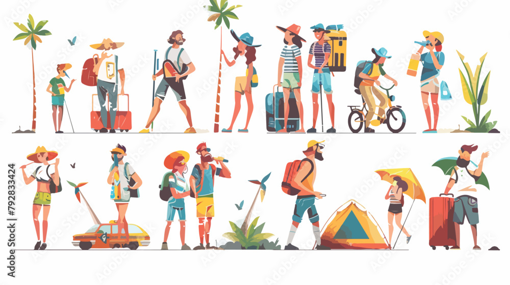 Tourists on vacation flat vector illustrations set.