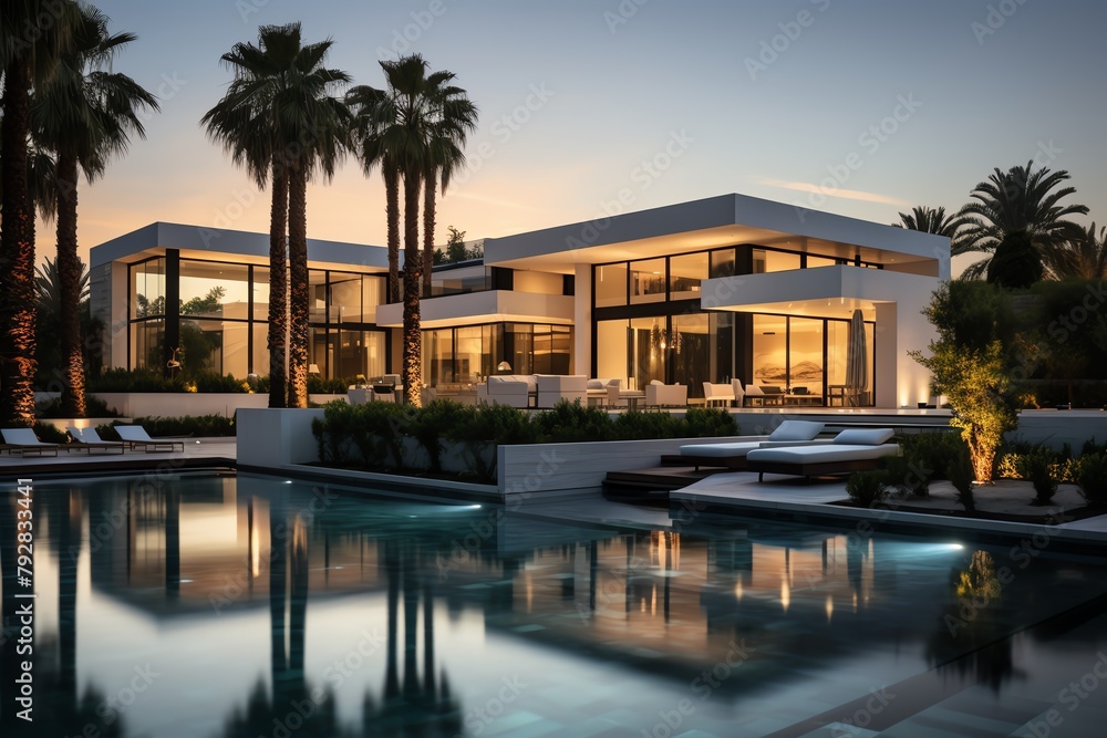 A beautiful modern house with a pool and palm trees