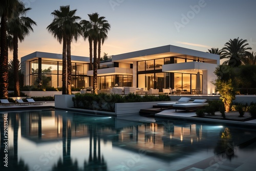 A beautiful modern house with a pool and palm trees © Oranuch