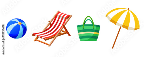 Beach set chaise longue, umbrella, bag, ball on an isolated white background.
