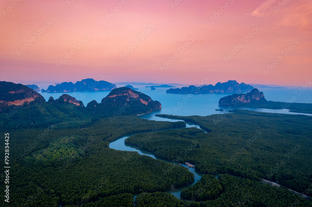 Aerial drone view sunset landscape national park Phang Nga river with mangrove jungle bay, nature of Thailand