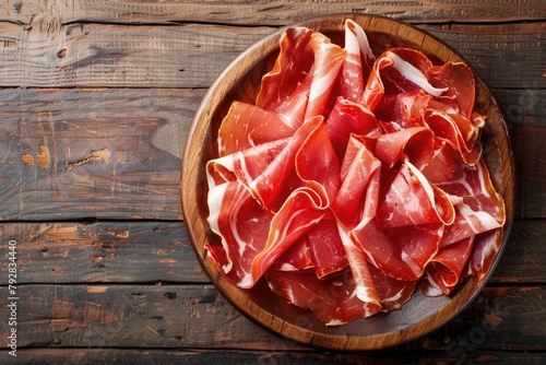 Spanish Delight: Jamon Iberico Tapas on Wooden Table with Copy Space. Authentic Catering with Cured Prosciutto from Iberian Ham